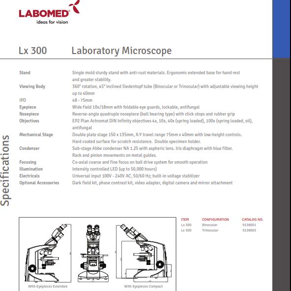 Microscopio Binocular Lx300 Iluminacion Led Ocular 10X Objetivos Plan-Achromatico 4,10,40 Y 100X Oil  Labomed ID-2131669