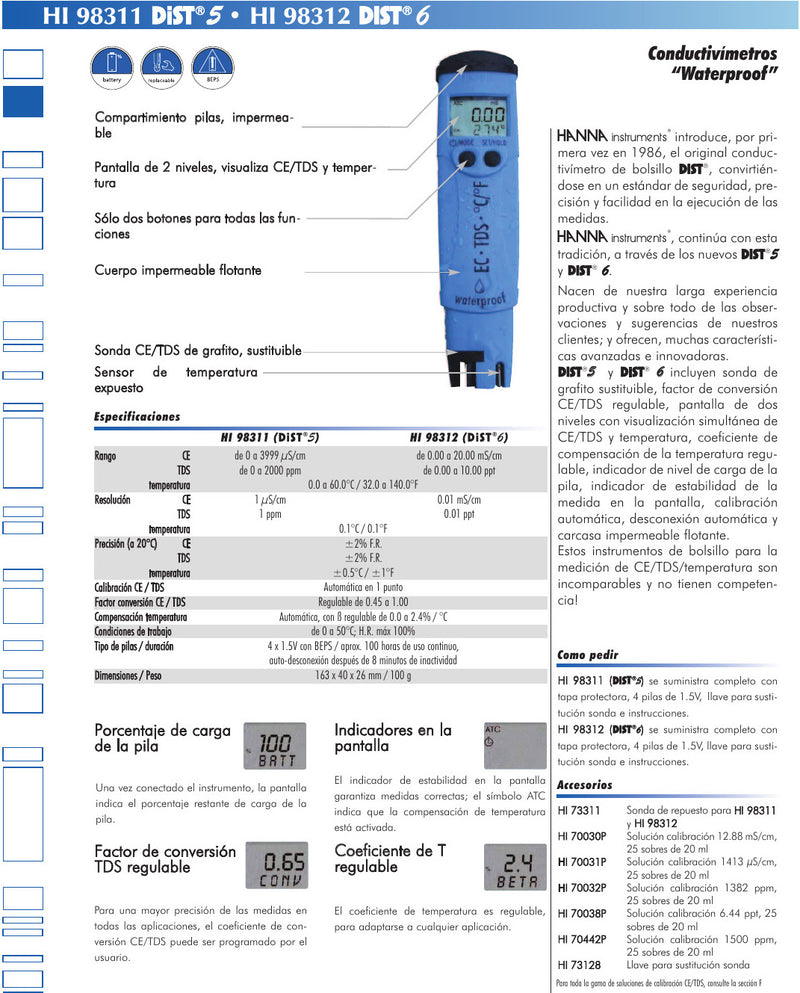 Medidor Conductividad Dist 5 Ec/Tds/°C Impermeable   Hanna ID-2052011